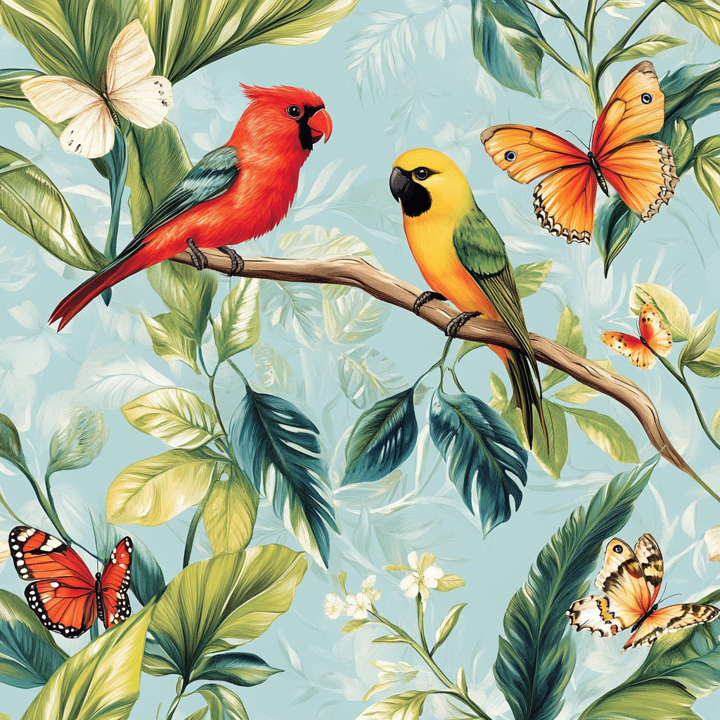 Detailed tropical birds on patterned branches with butterflies fluttering.