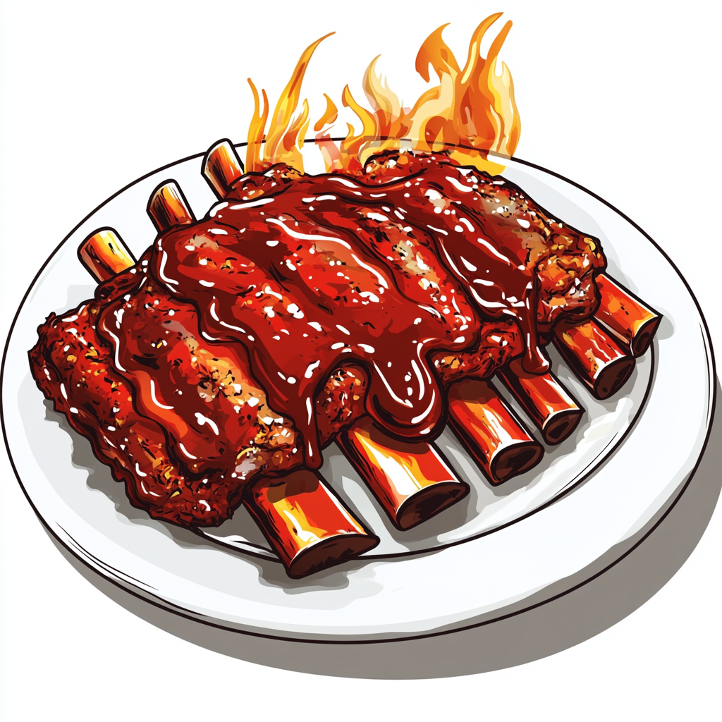 Detailed vector BBQ ribs with sauce, fire, and tools.