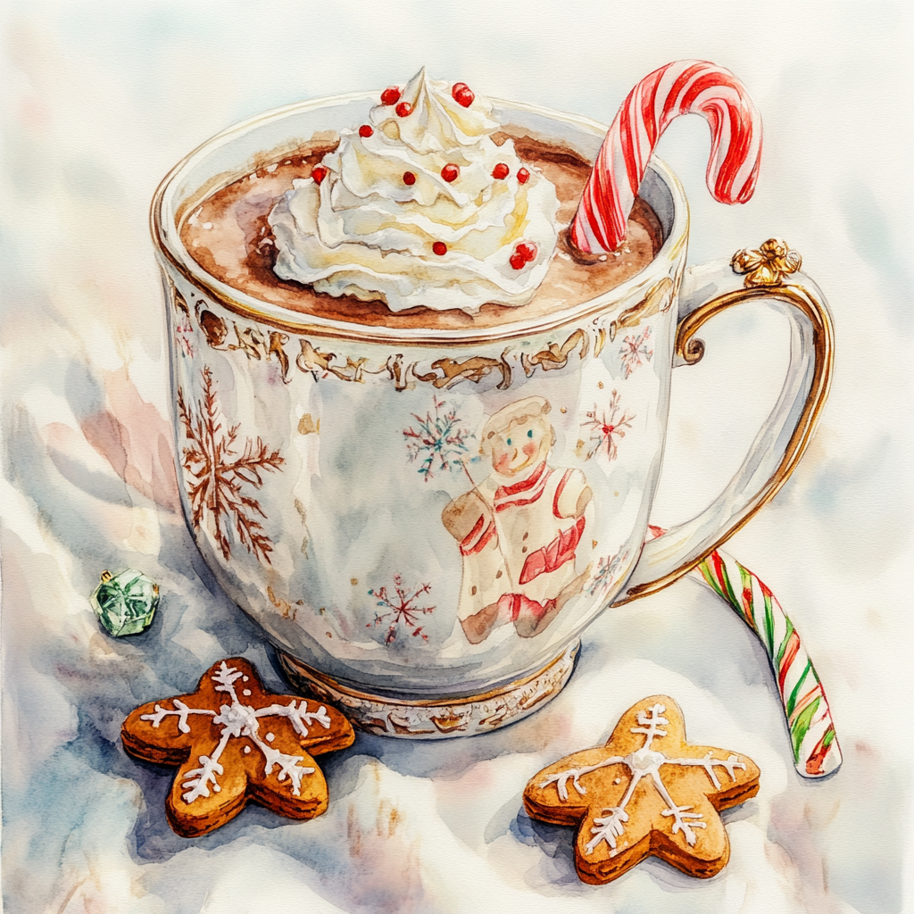 Detailed watercolor of hot chocolate in Christmas mug.