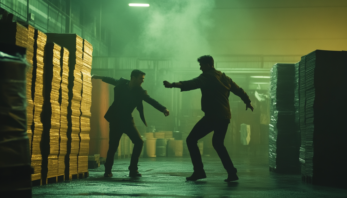 Detective fights man in printing warehouse, cinematic shot.