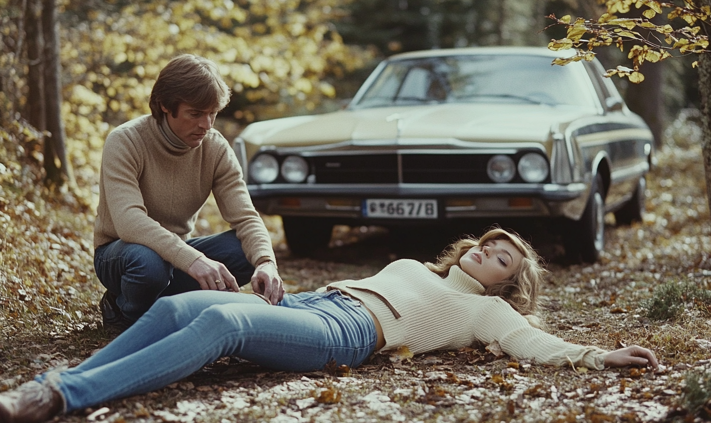 Detective kneels by drowned woman near vintage car.