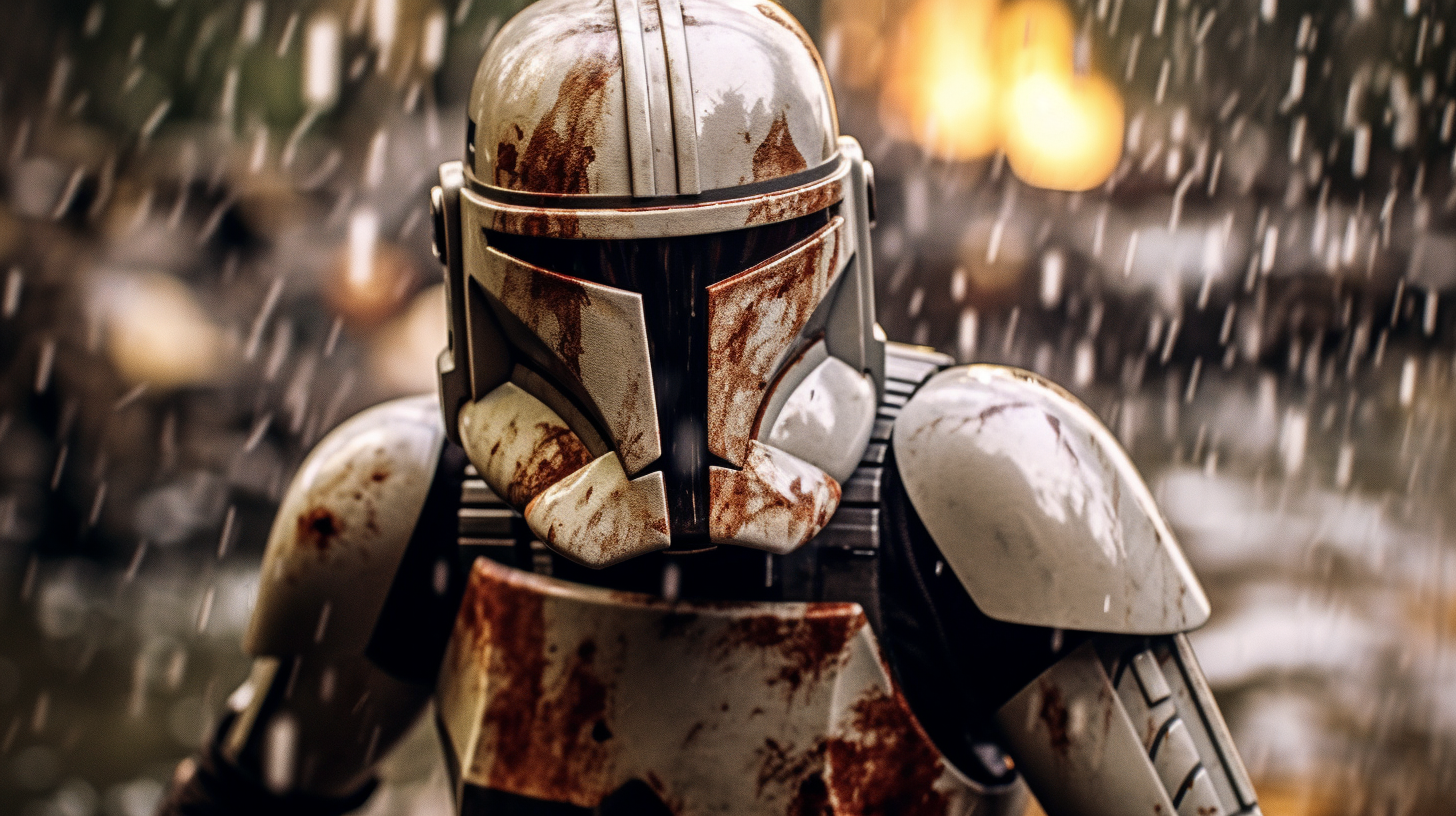 Determined Clone Trooper in Battle-Worn Armor Faces Camera