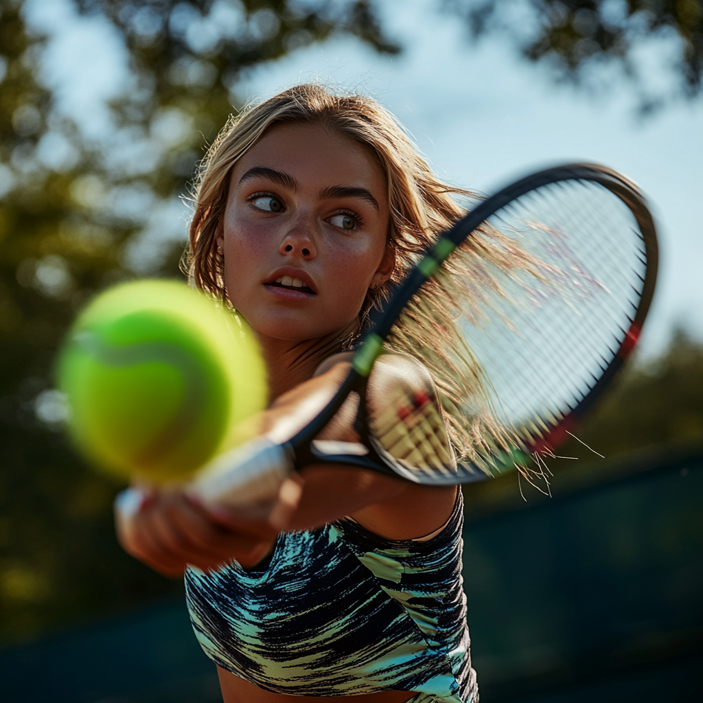 Determined Gen Z woman playing tennis outdoors, fierce concentration.