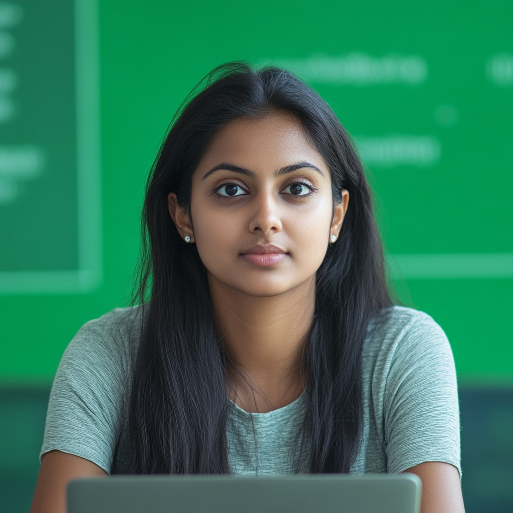 Determined Indian student working on laptop with green screen.