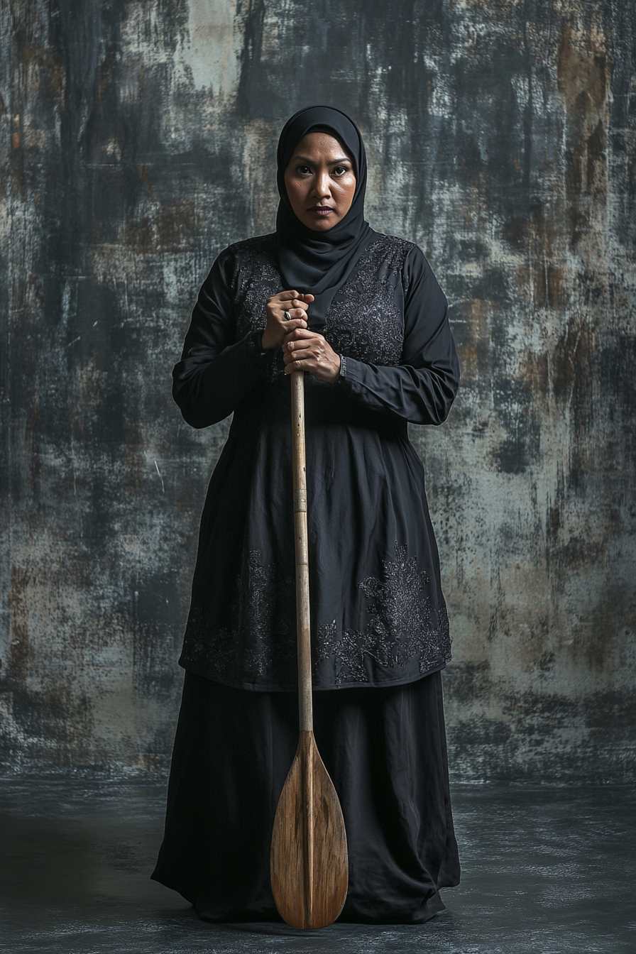 Determined Malay Muslim woman with rowing paddle looks badass.