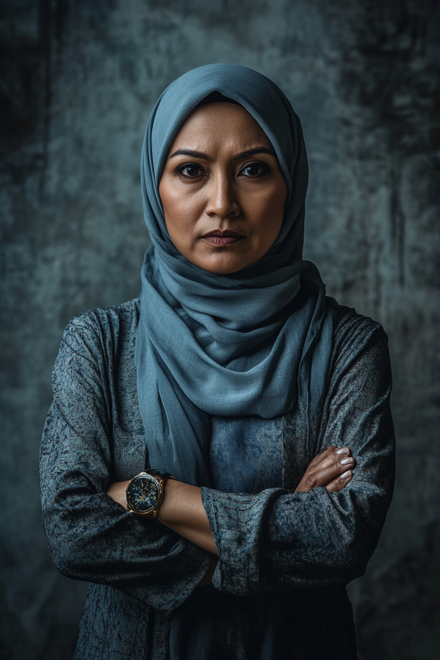 Determined Malay woman in dramatic pose, steely expression.