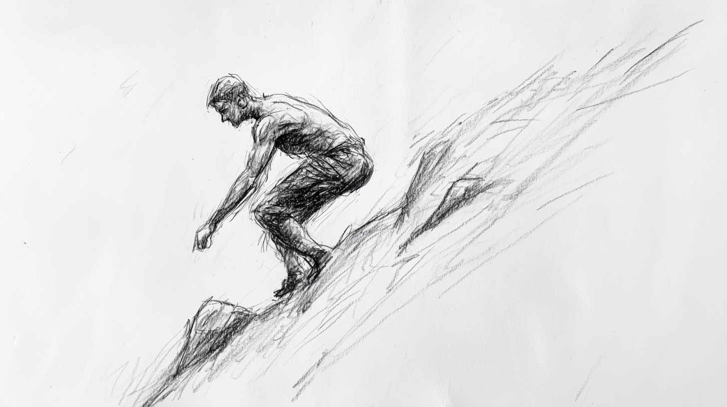 Determined Man Climbing Uphill in Rough Sketchy Drawing