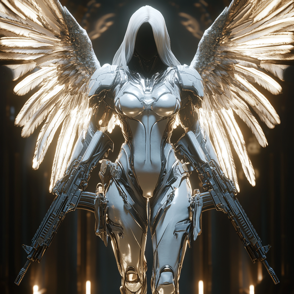 Determined angel with glowing wings wields AK-47s.