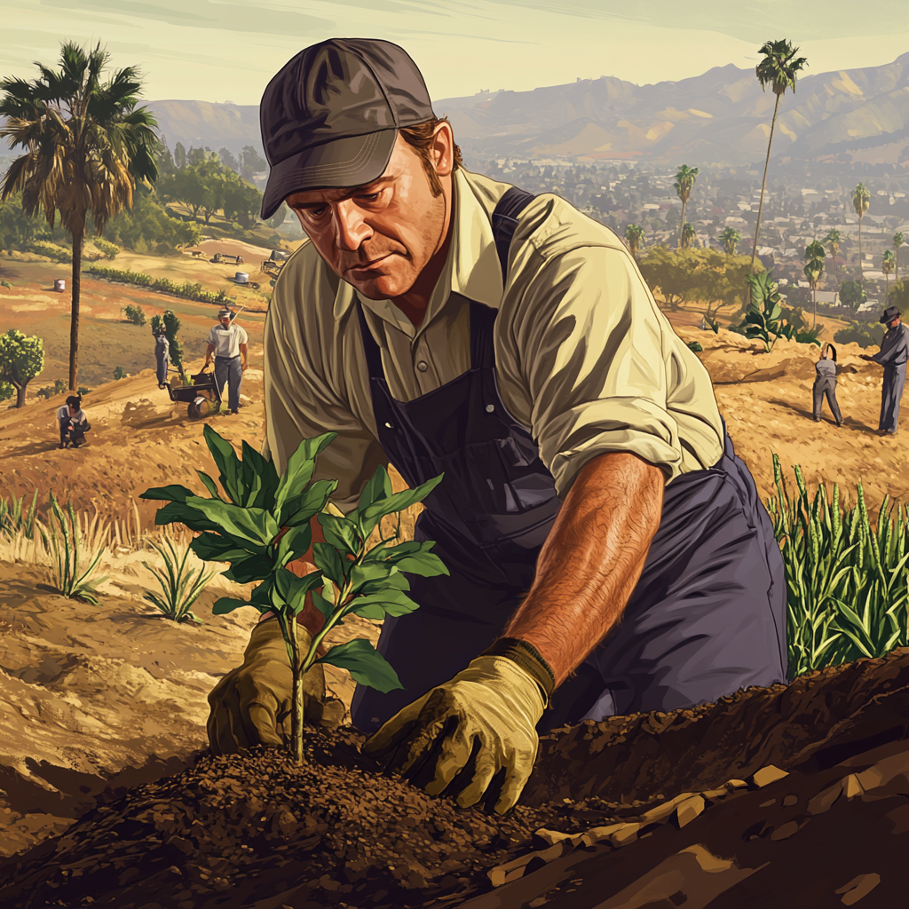 Determined farmer planting tree in vibrant GTA V style.