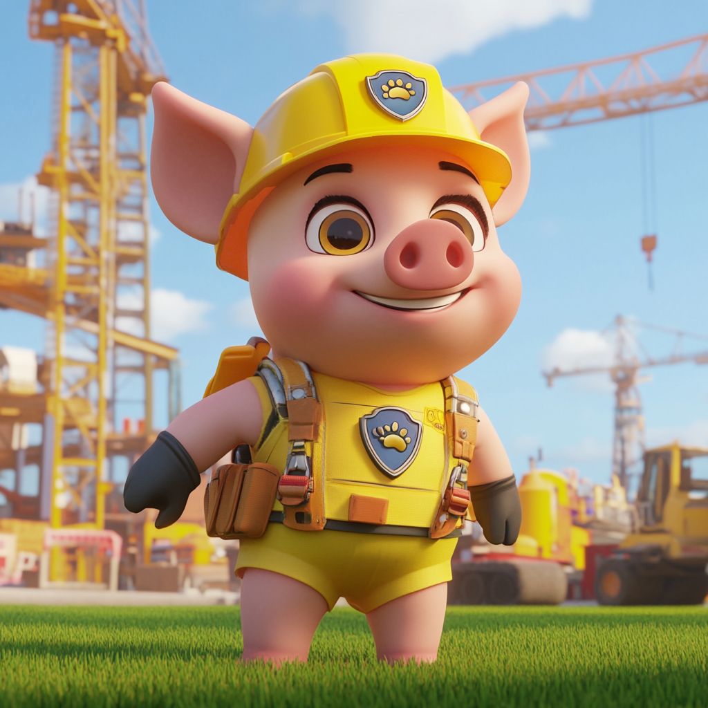 Determined pig with construction outfit ready for action.