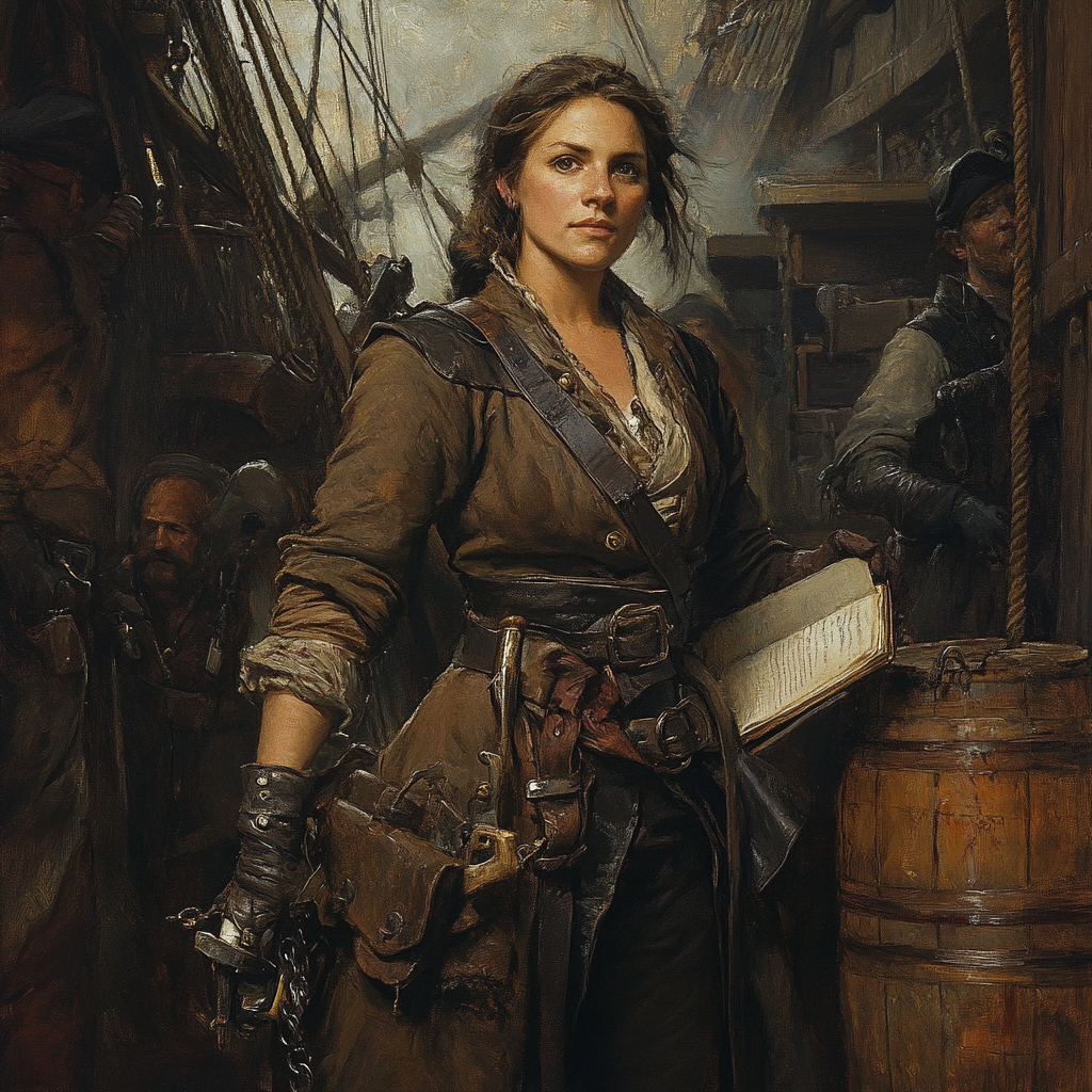 Determined quartermaster in pirate hold overseeing crew inventory.