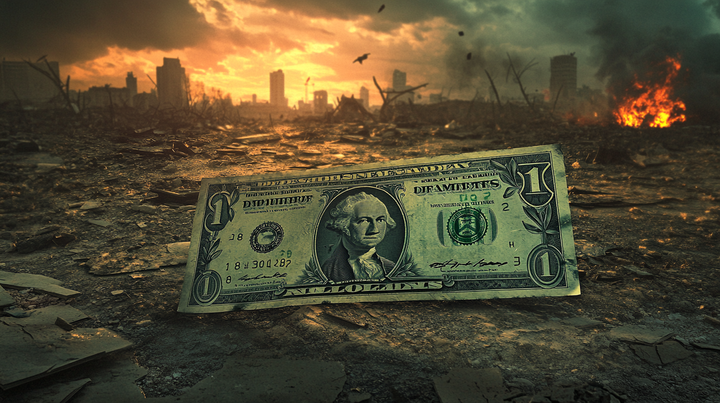 Devil's Head Dollar Bill in Ruined Landscape.