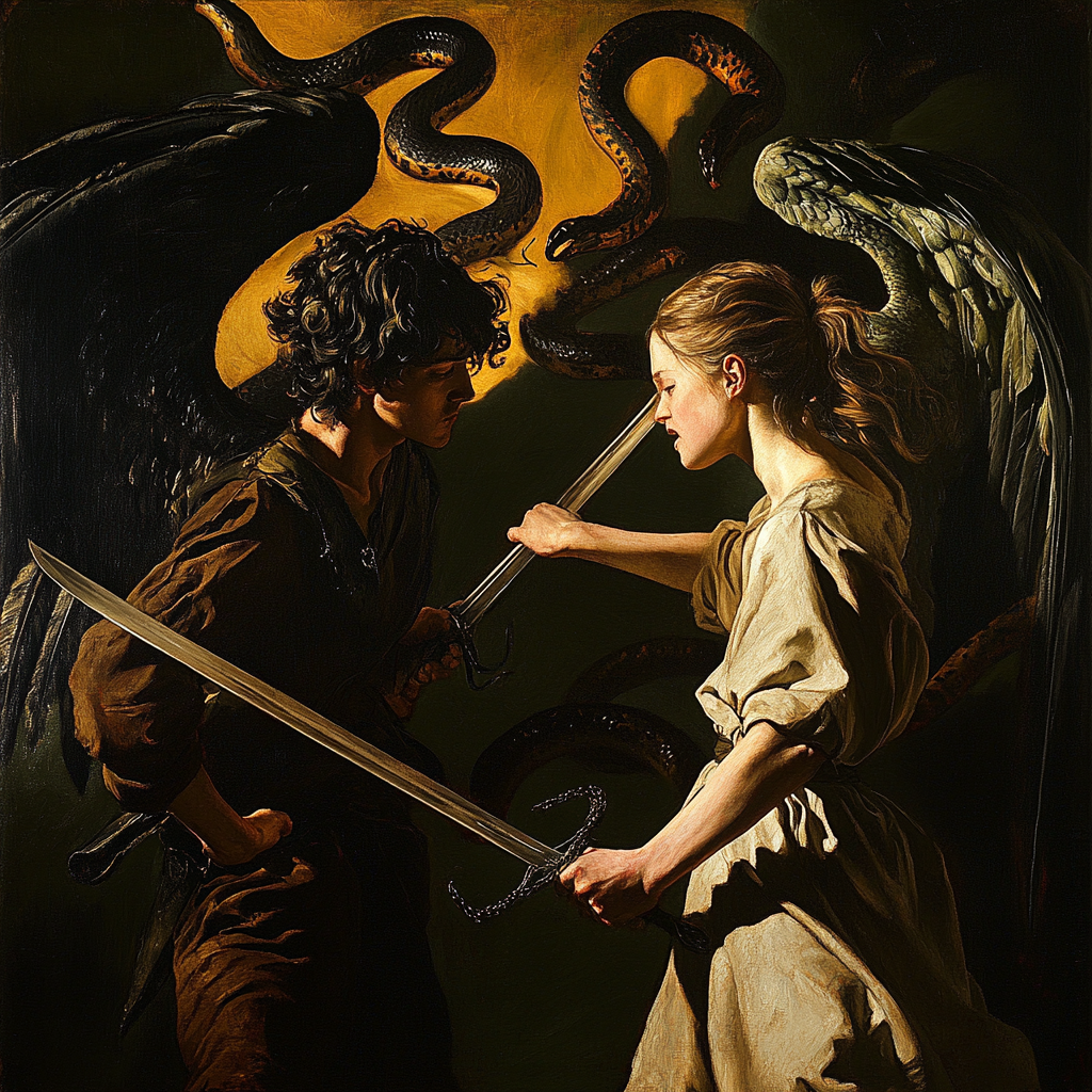 Devil battles angel with wings in oil painting.