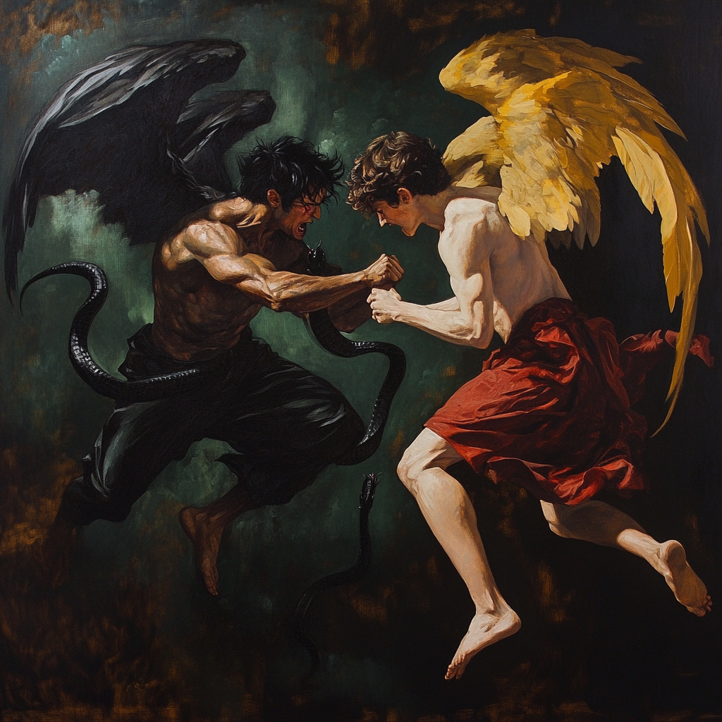 Devil with black wings fights angel with light wings