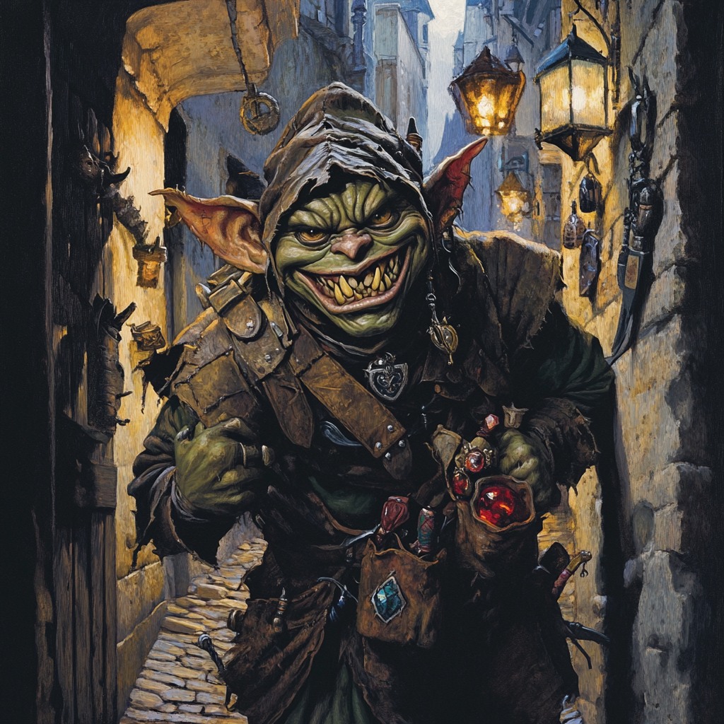 Devious Goblin Rogue Fleeb in Medieval Alleyway