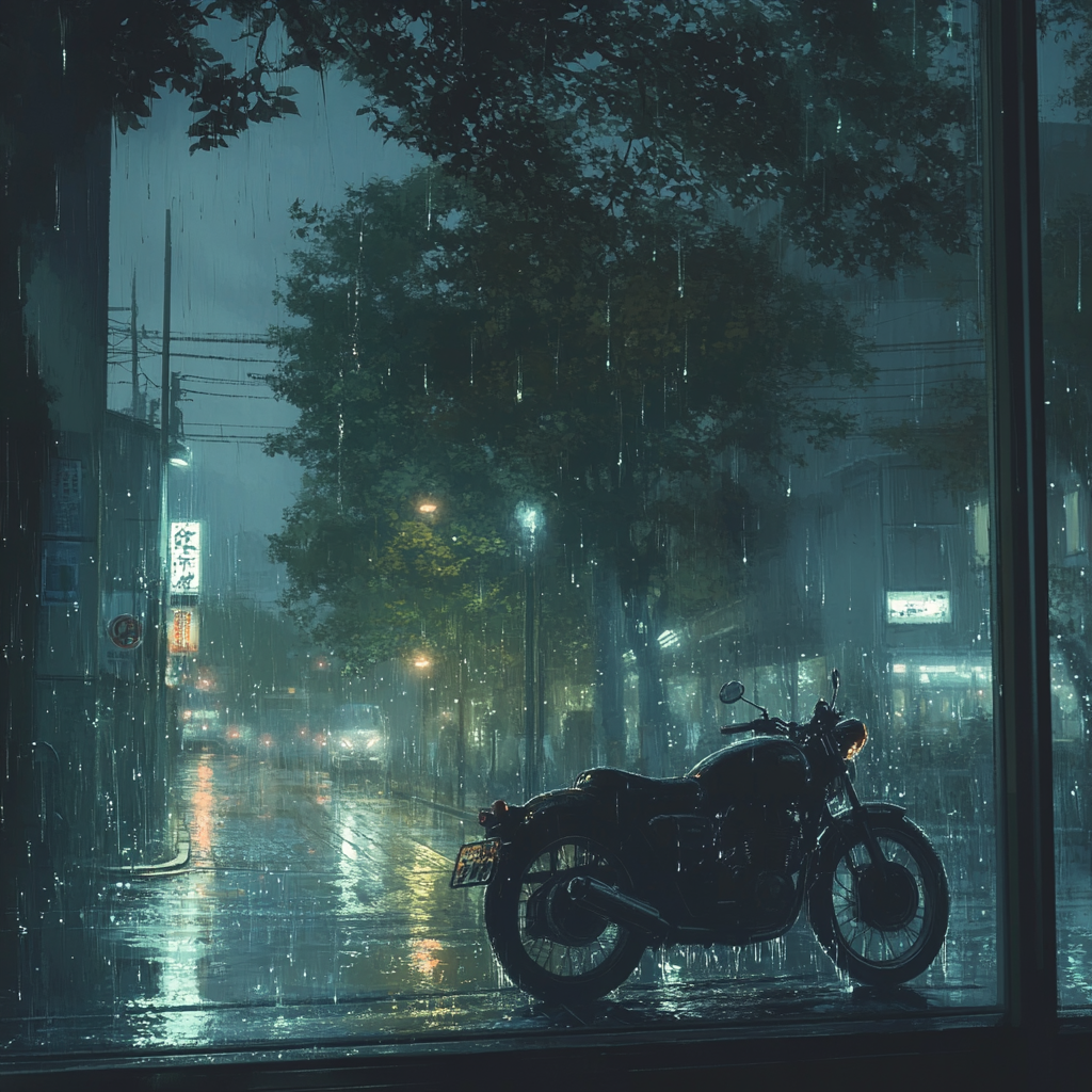 Dew-wet window. Bright, dew-covered motorcycle. Makoto Shinkai's style.