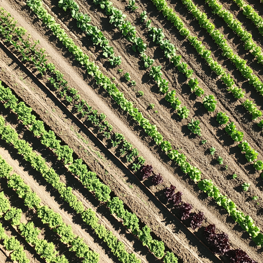 Diagonal rows of lettuce and tomatoes on farm field.