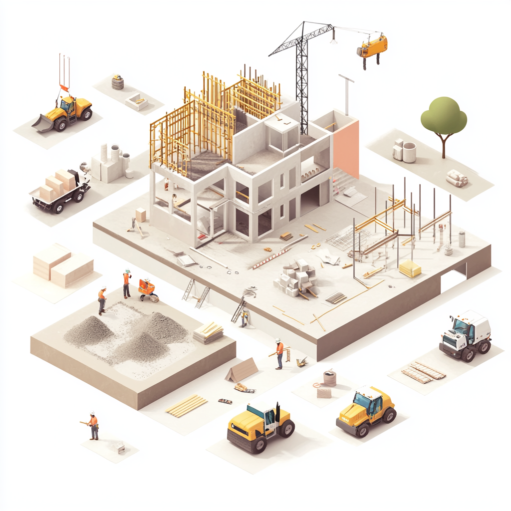 Diagram of residential construction phases with workers and machinery.