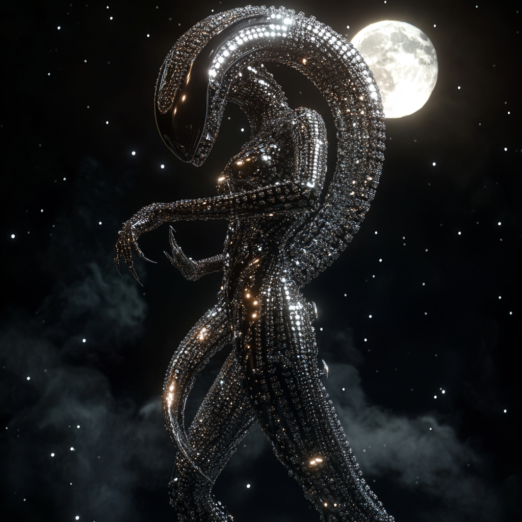 Diamond xenomorph alien on dark, moonlit planet, smoky atmosphere.