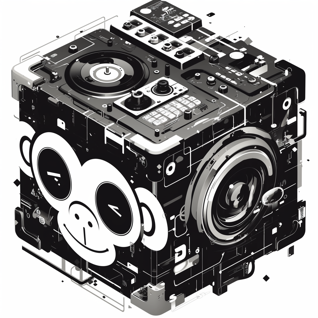 Dice with monkey face, subwoofer, CDJ controller logo.