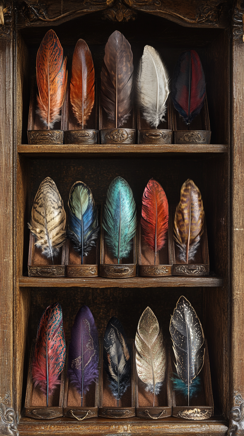 Different animals' magical feathers displayed on shelf