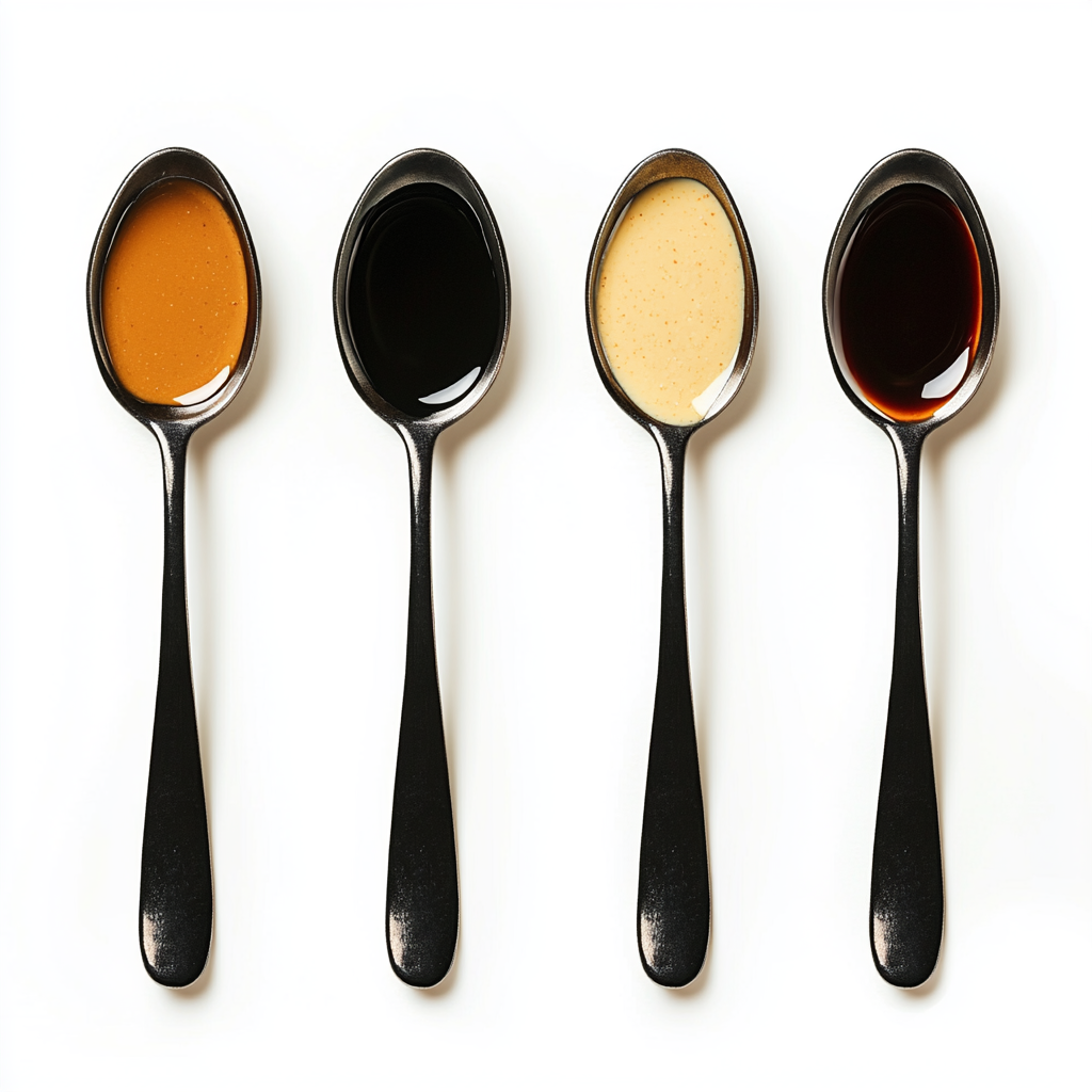 Different sauced spoons on white background