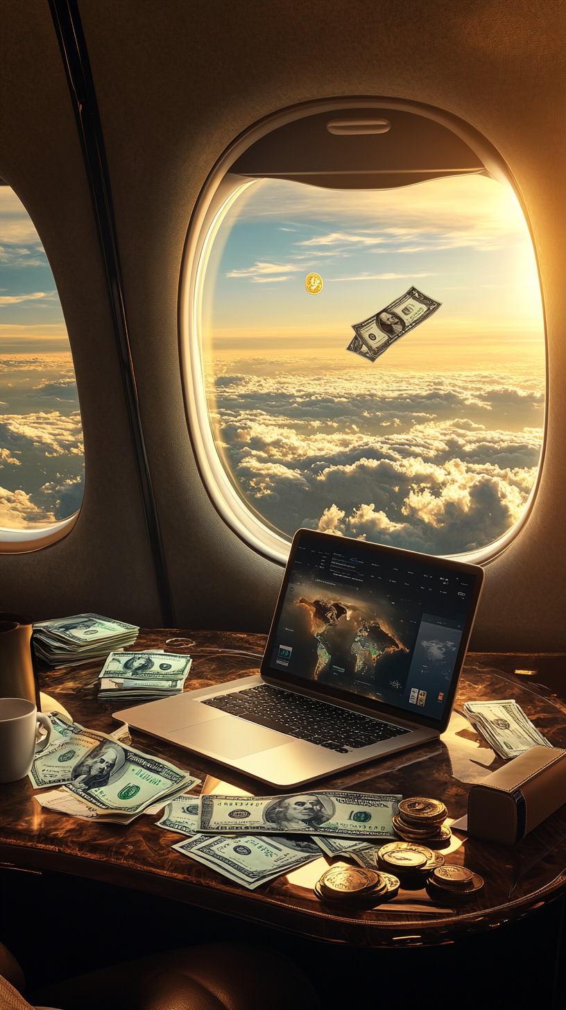 Digital Nomad in Private Plane Working on Laptop 