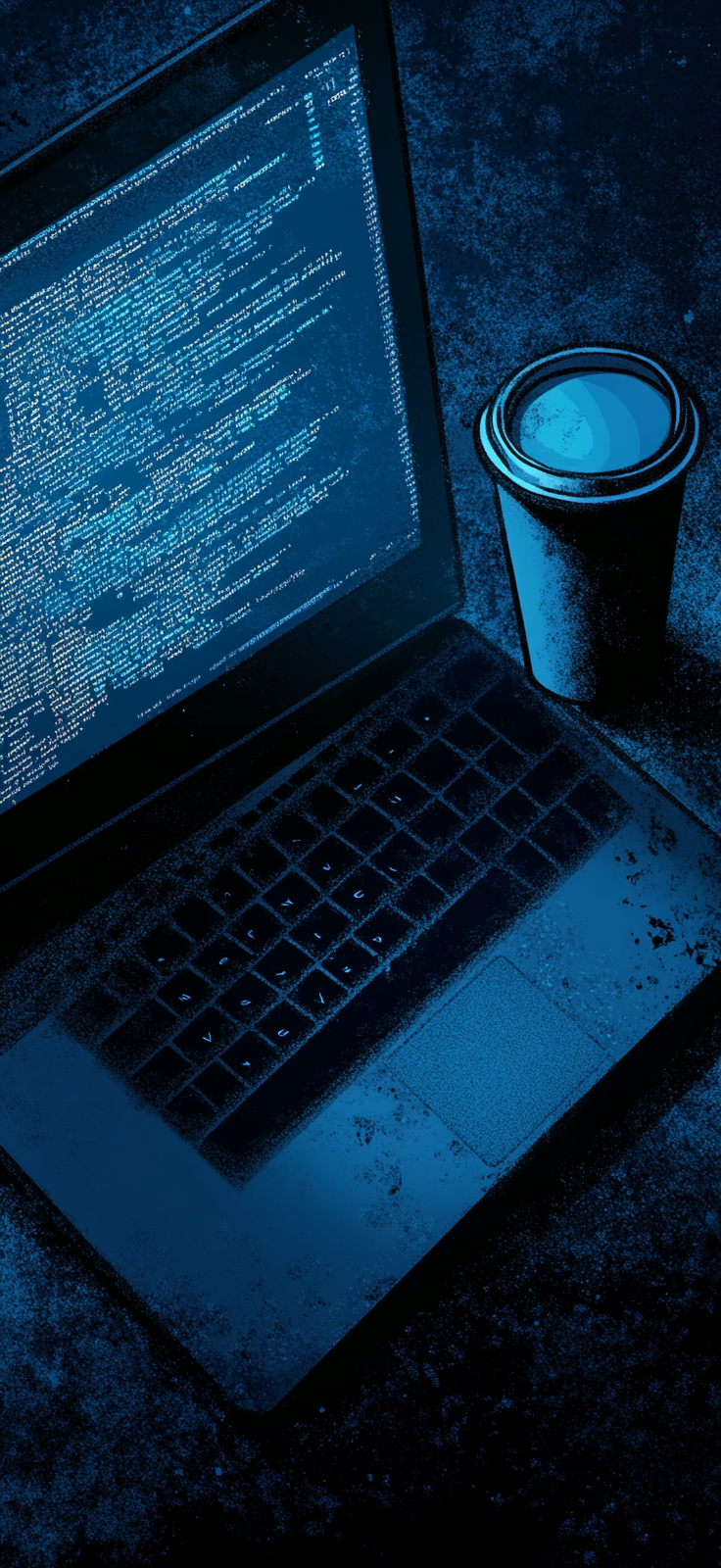 Digital World: Laptop, Code, Coffee, Blue Background