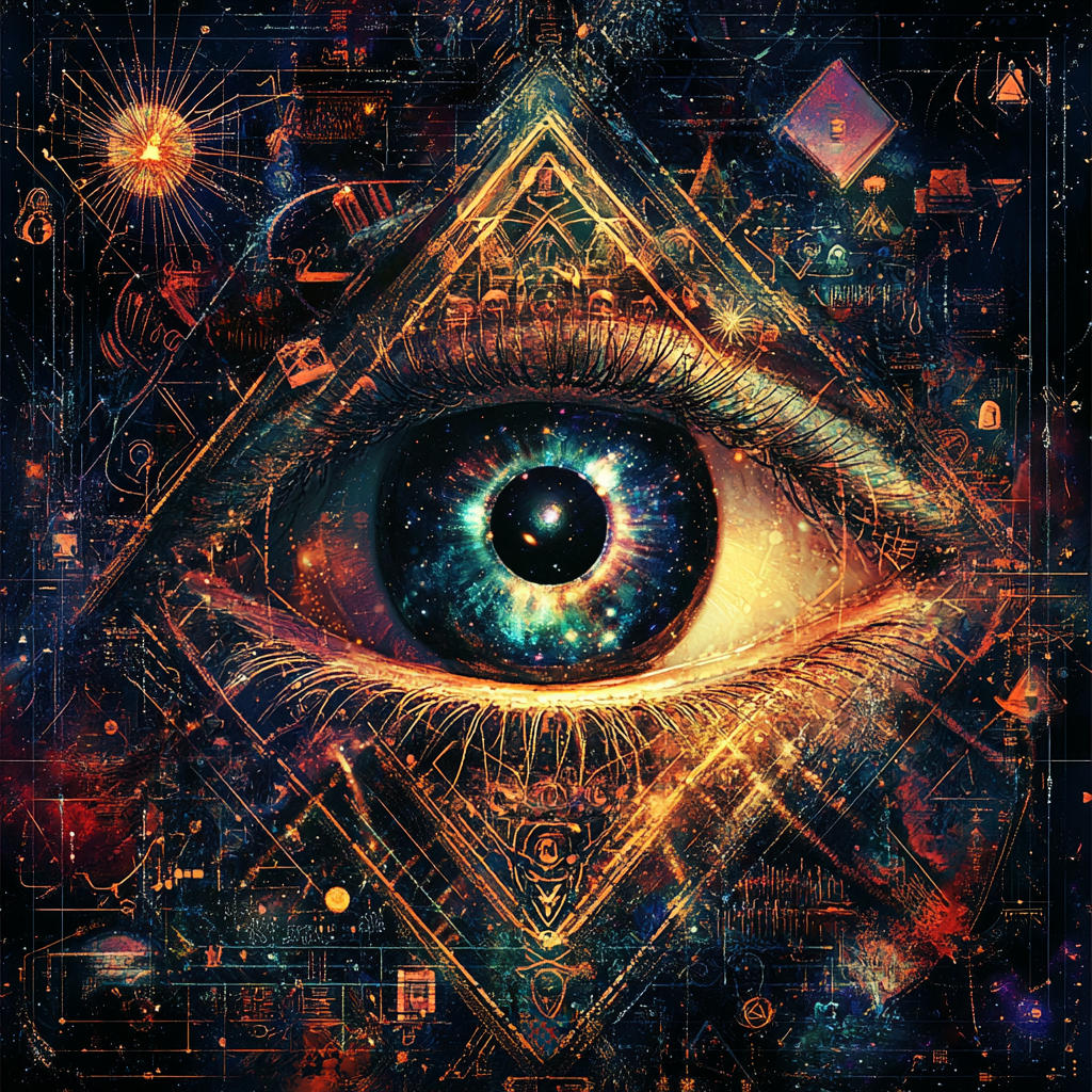 Digital art image of all-seeing eye with galaxy iris 