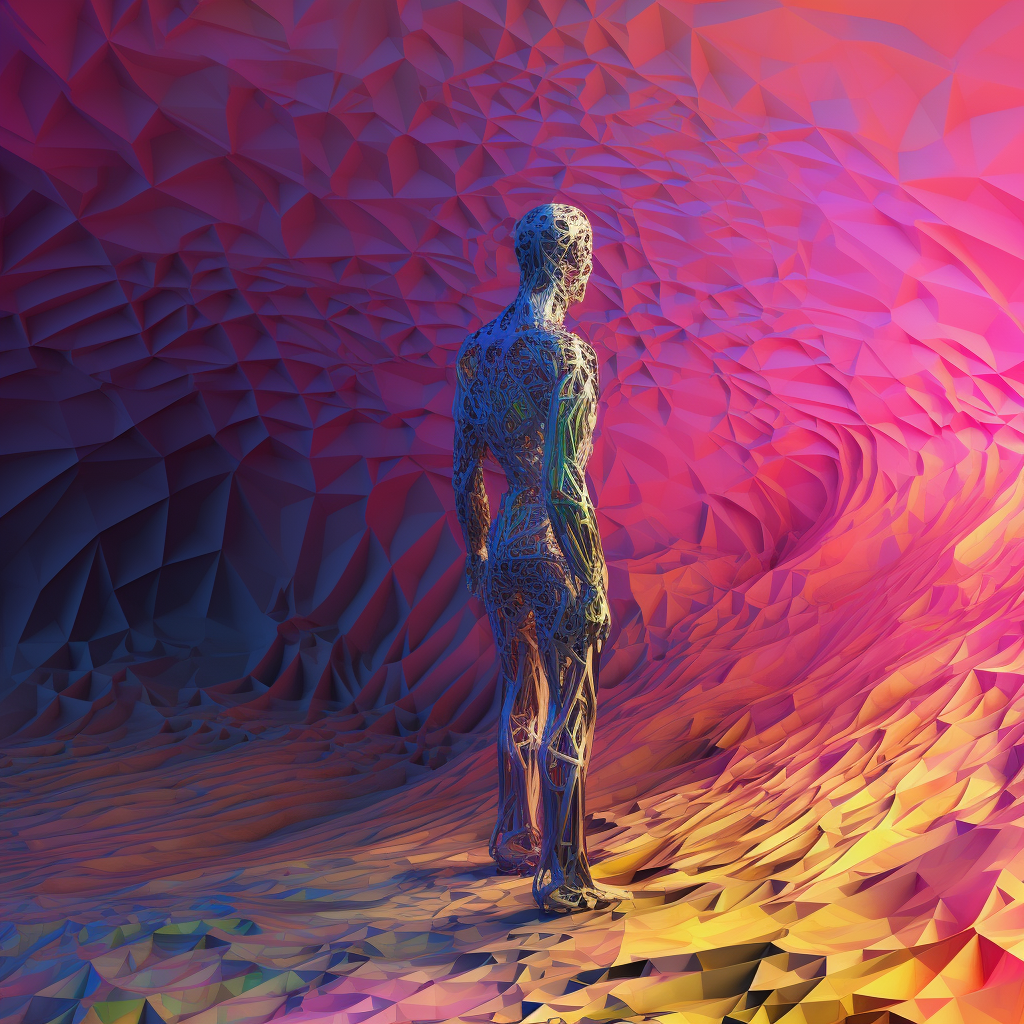 Digital art scene with pink and yellow human figure.