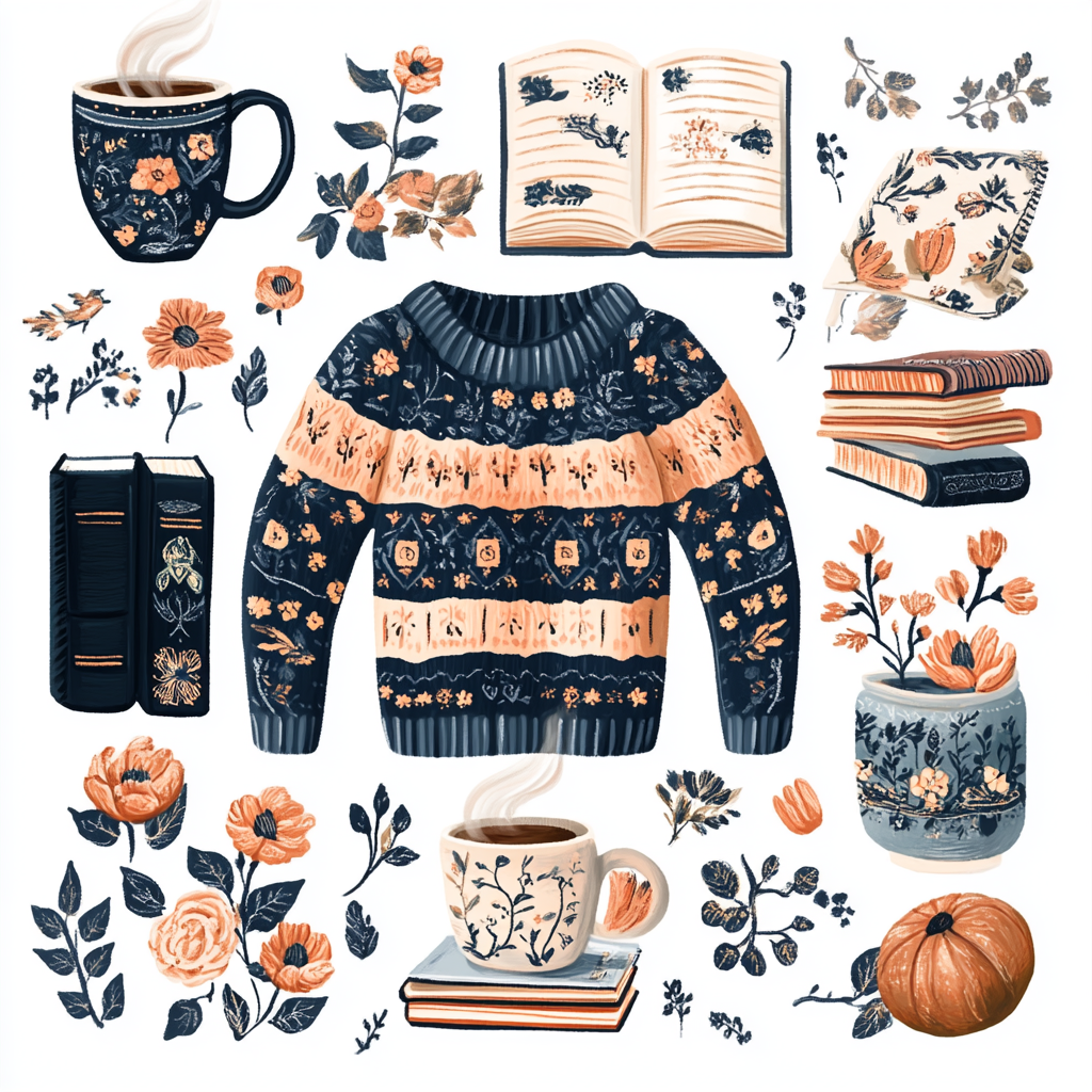 Digital design with cozy items arranged on white background.