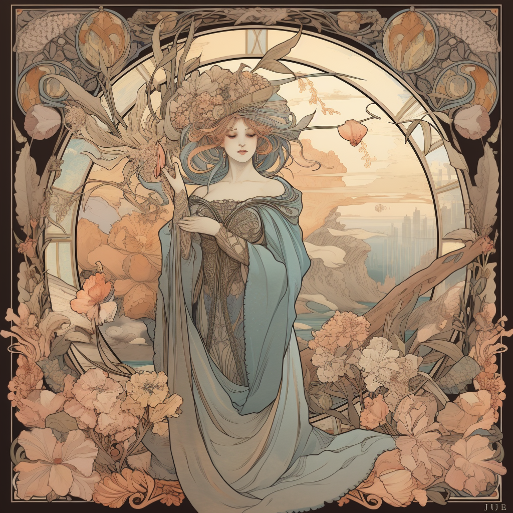 Digital illustration like Alphonse Mucha, with elegant witch.