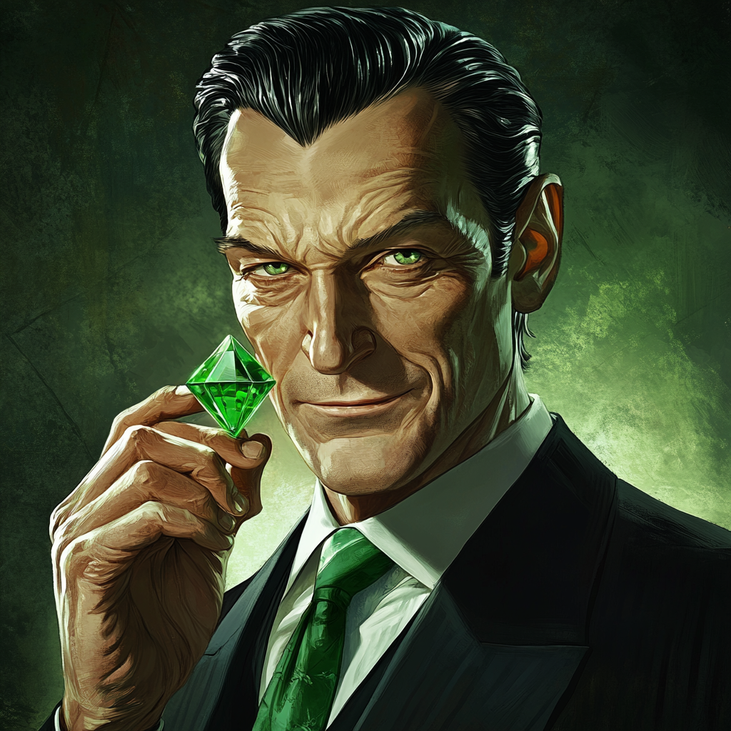 Digital painting of older man in black suit with green tie holding crystal