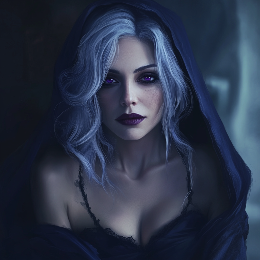 Digital painting of older woman with blue hair