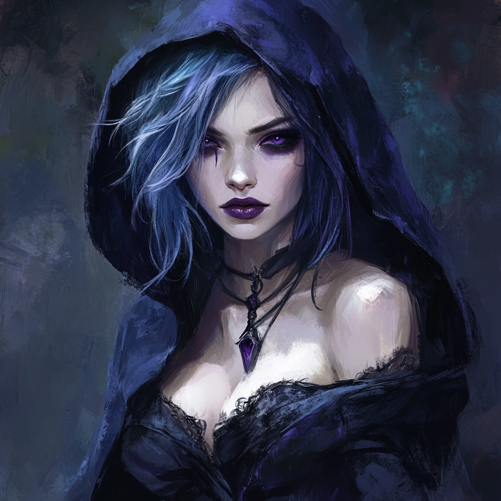 Digital painting of woman in forties with blue hair