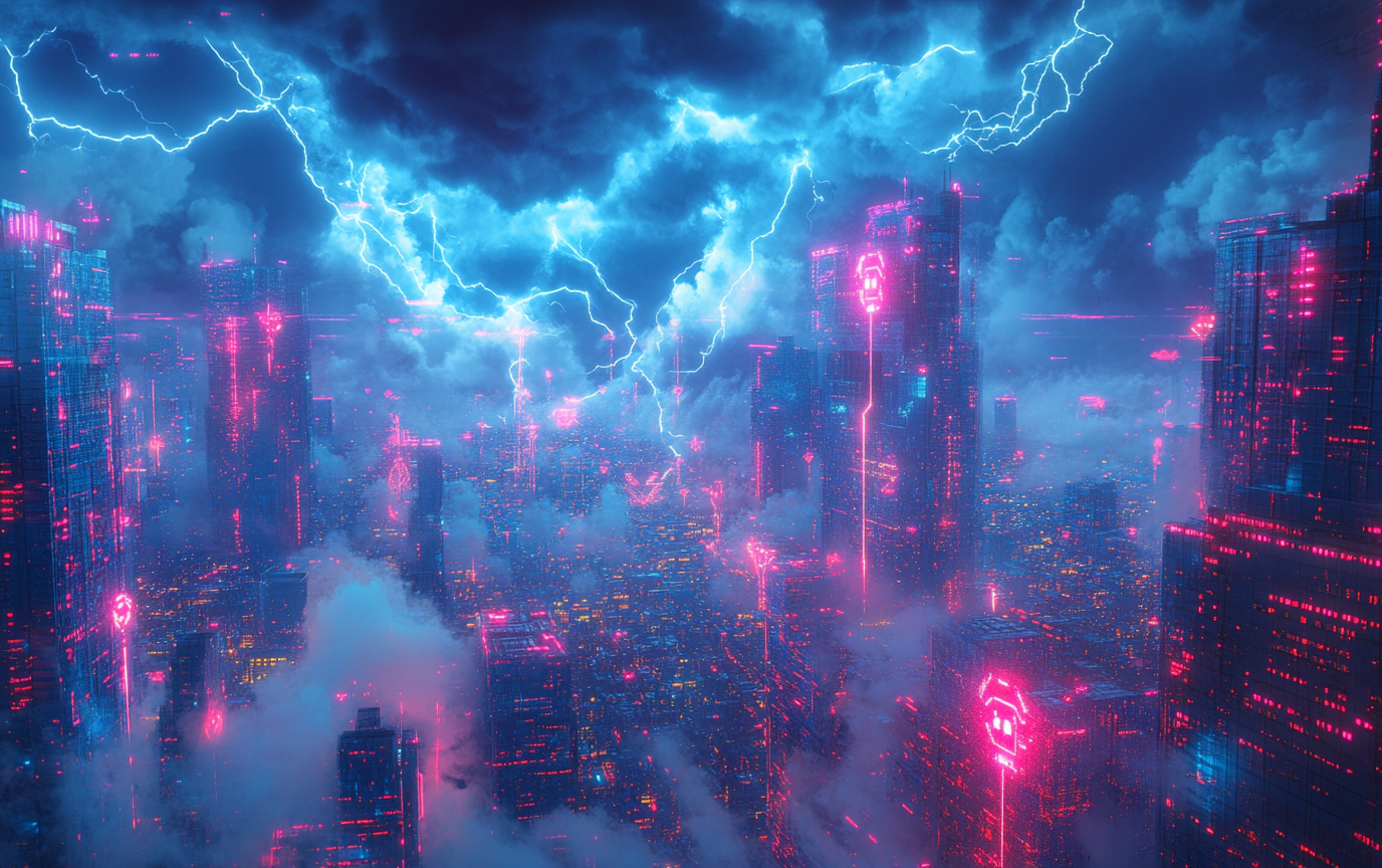 Digital web connects glowing tokens in neon cityscape. Lightning clouds signify market volatility, tower fragility.