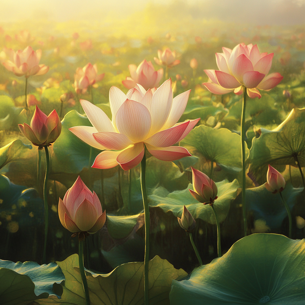 Dignified lotus flower stands tall in sunlight.