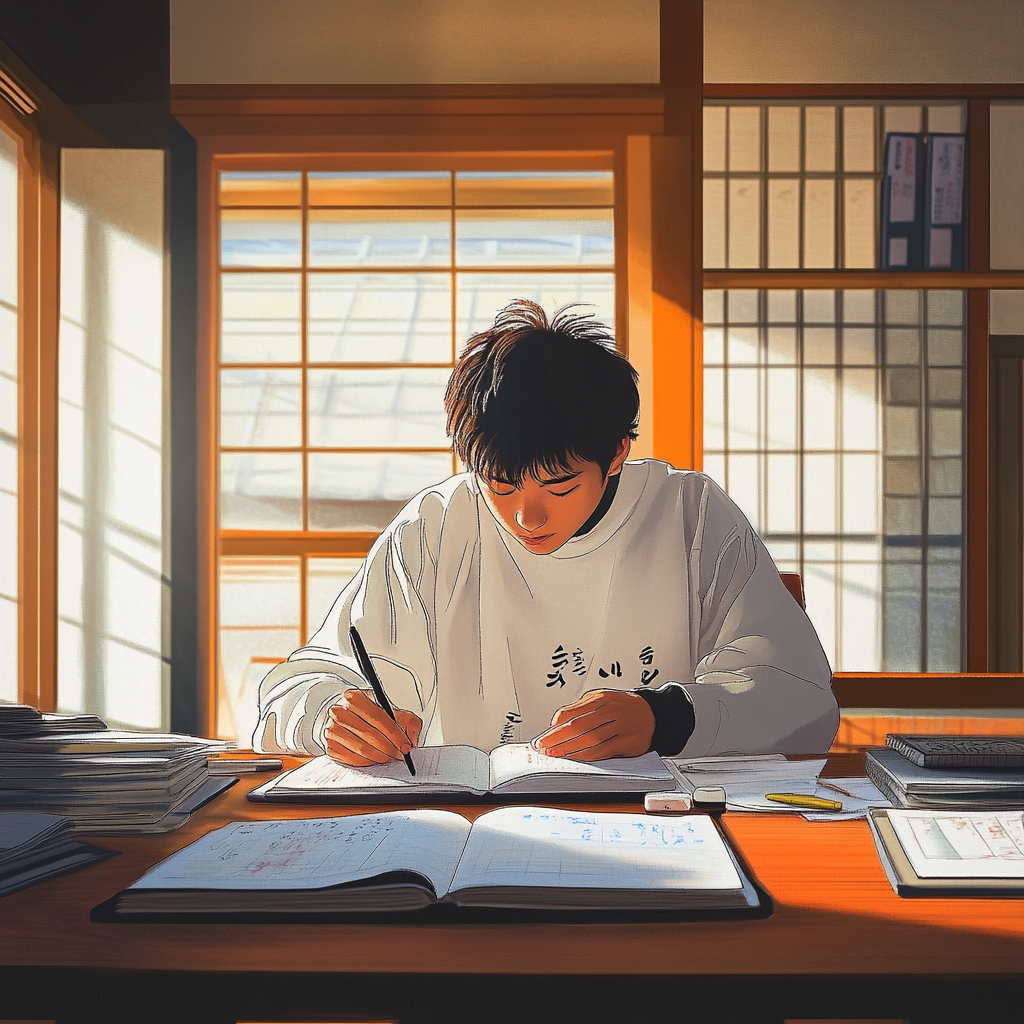 Diligent Japanese student studying in peaceful high school.