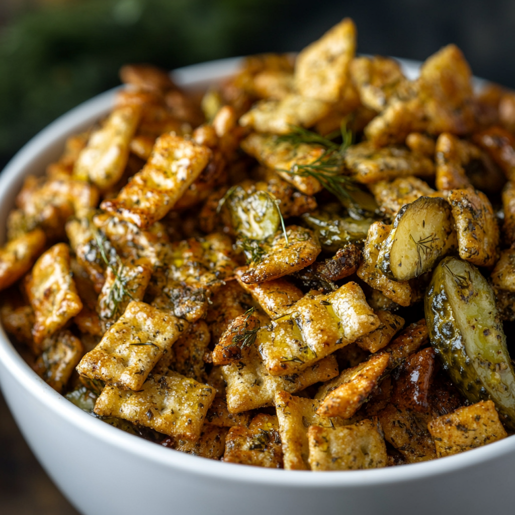 Dill Pickle Chex Mix in White Bowl