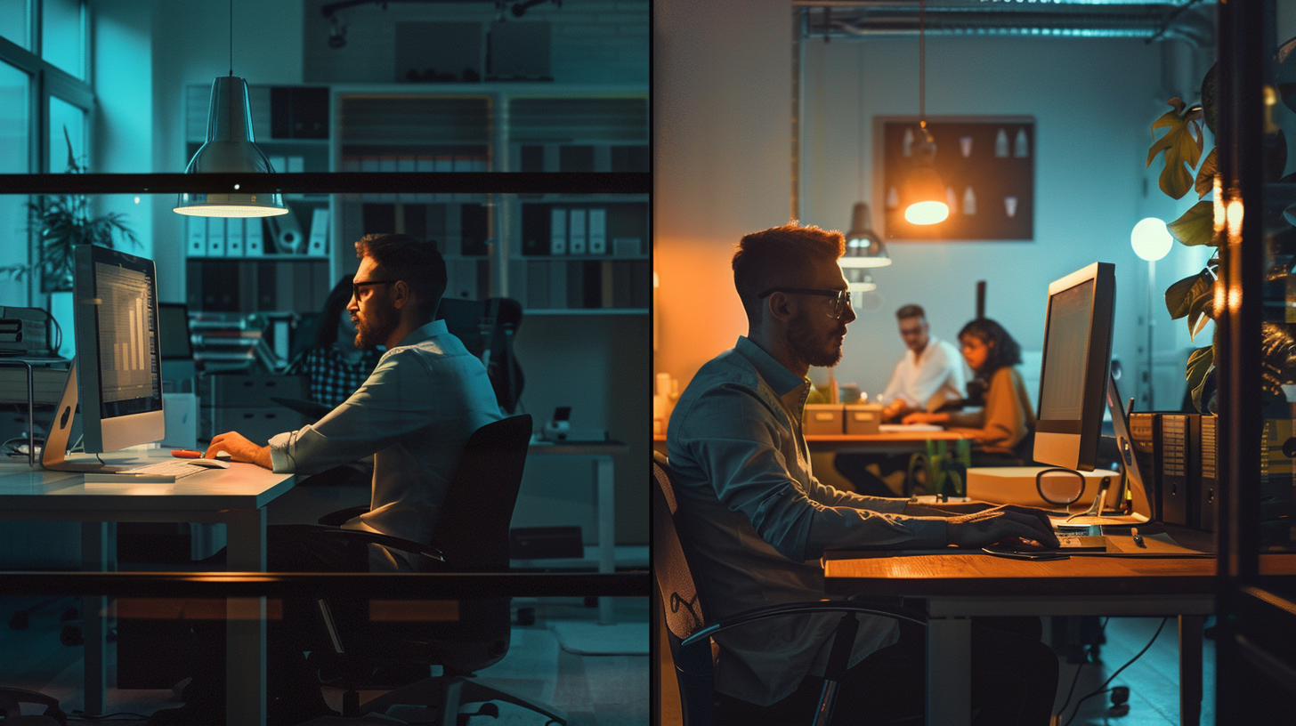 Dim vs. bright office: lone vs. vibrant marketing agency