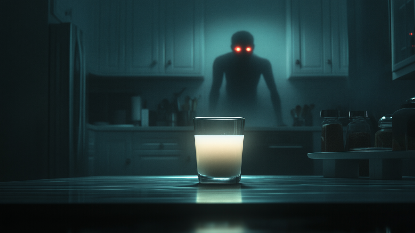 Dimly Lit Kitchen with Glowing Milk and Ghostly Figures