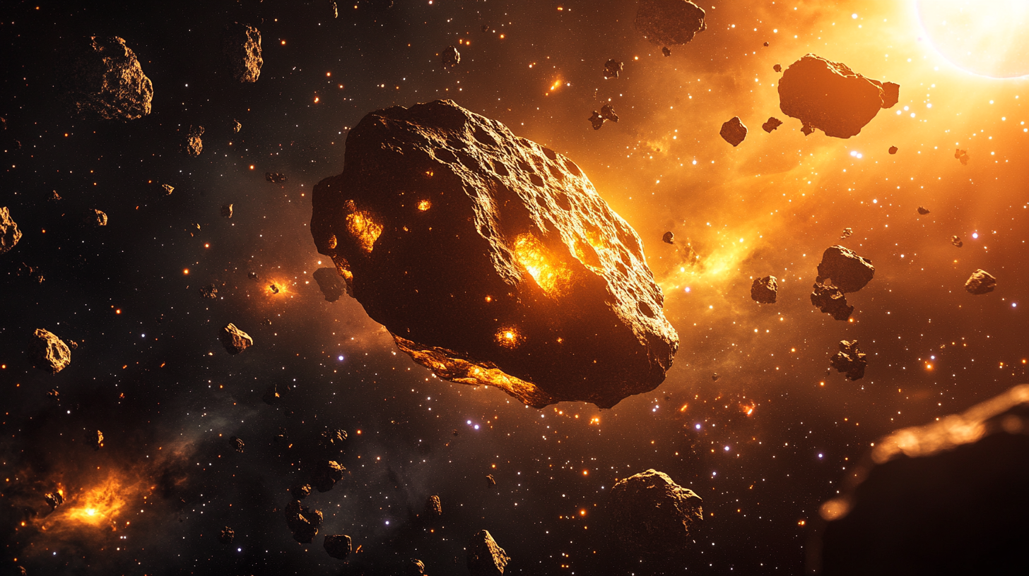 Dimorph asteroid soaring in black space with stone fragments 