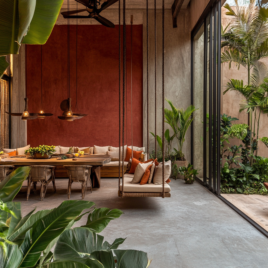 Dining table in courtyard with modernized swing, red accents.