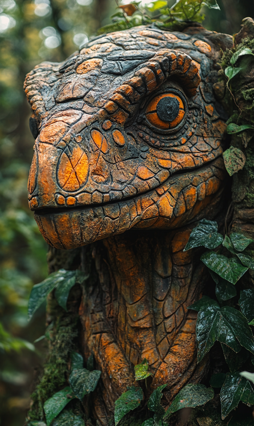 Dinosaur sculpture in dense forest with ancient artistry.