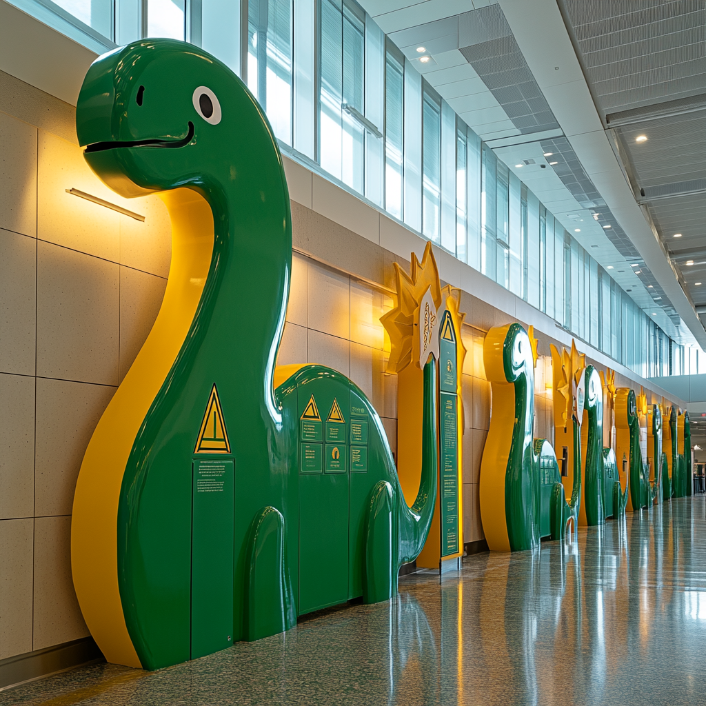 Dinosaur-shaped signs guide at Austin Center with colors