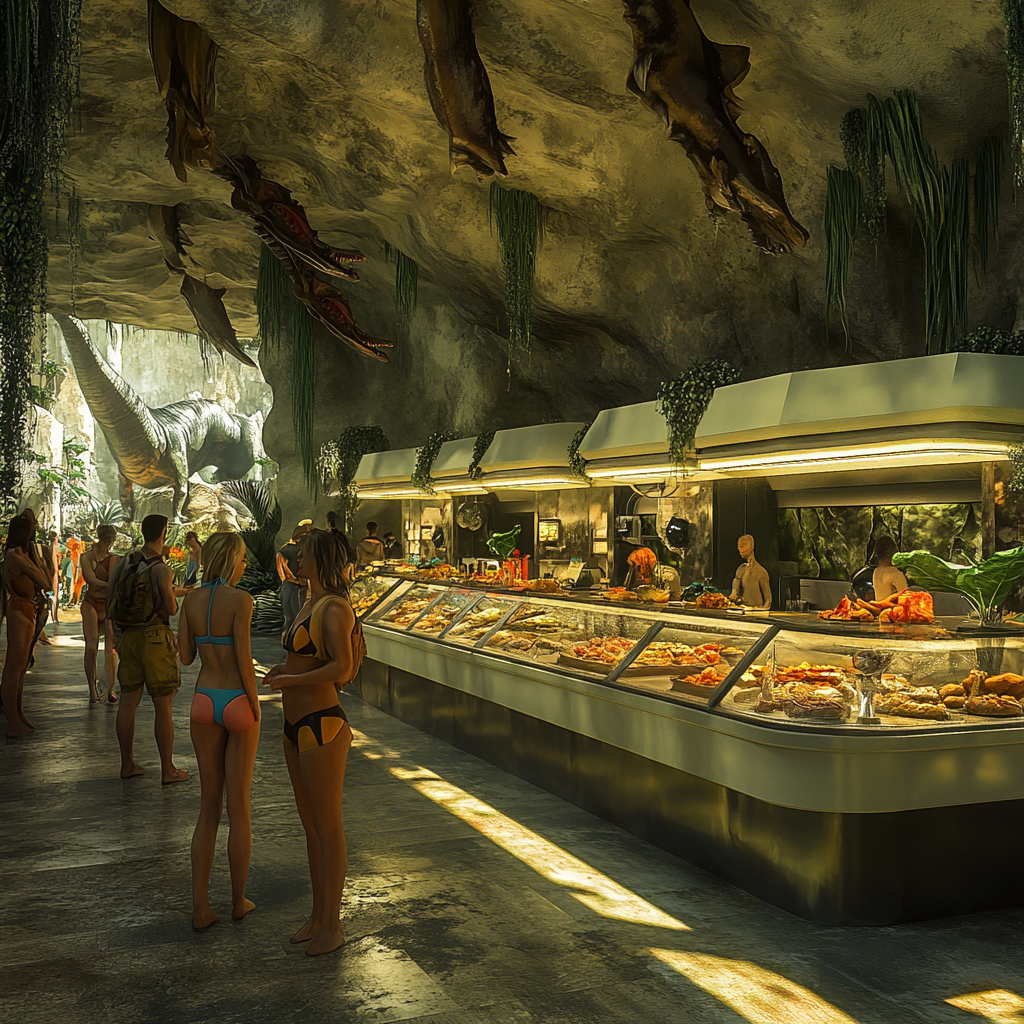 Dinosaur-themed food hall with self-service counters, people in swimsuits, warm lighting, jungle ambiance.