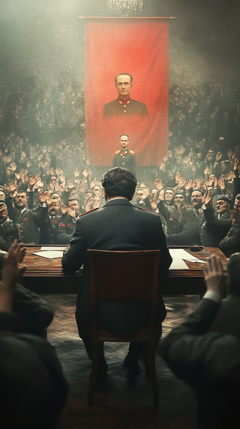 Director of paper factory sits, Stalin watches, clapping crowd.