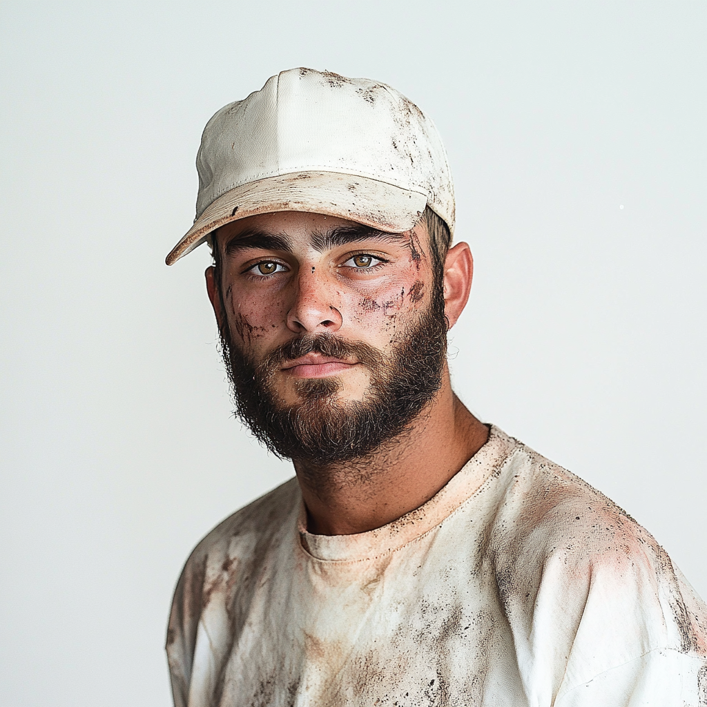 Dirty faced man in streetwear poses for photo