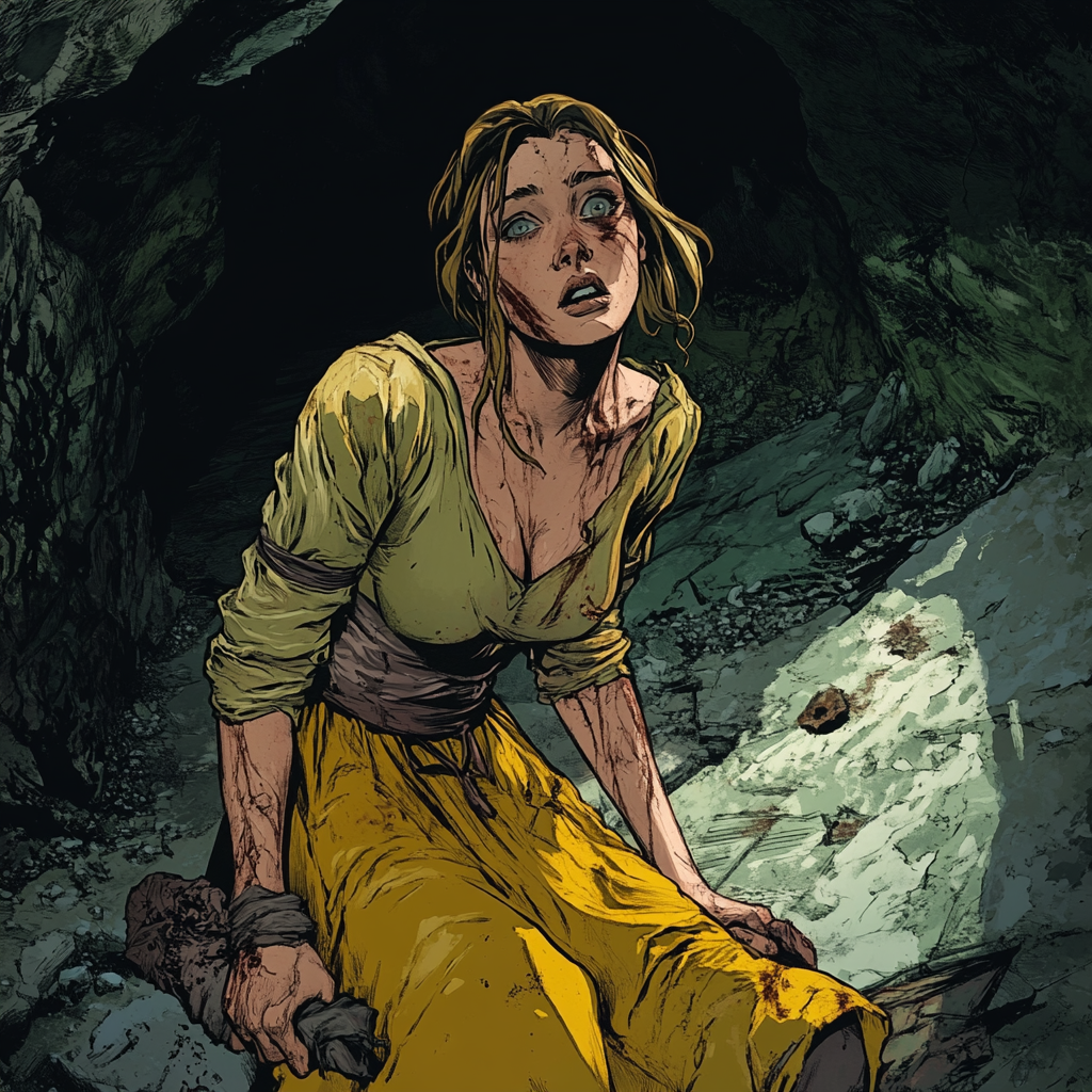 Dirty-faced woman in torn clothes, stranded in cave.