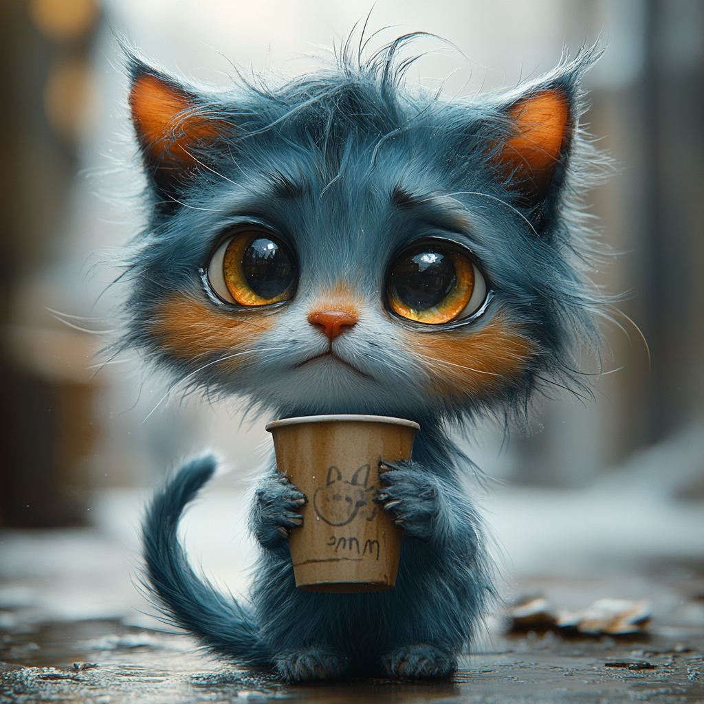 Disheveled cat holding coffee cup in caricature style.